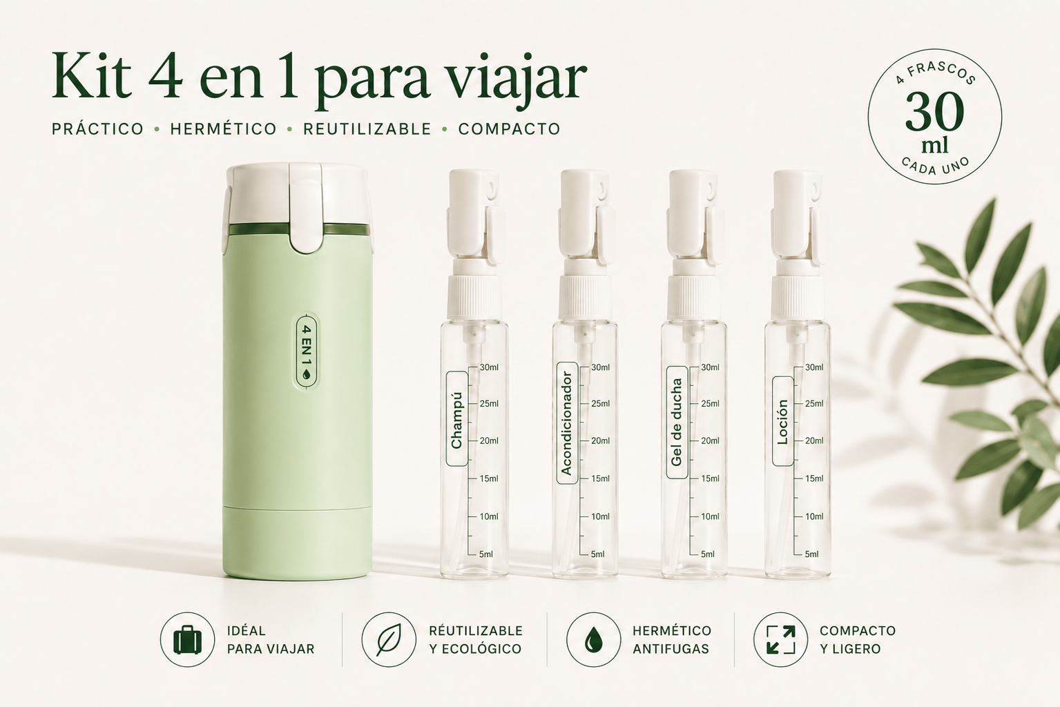 El kit de viaje: botellas 4 en 1 rellenables a prueba de fugas