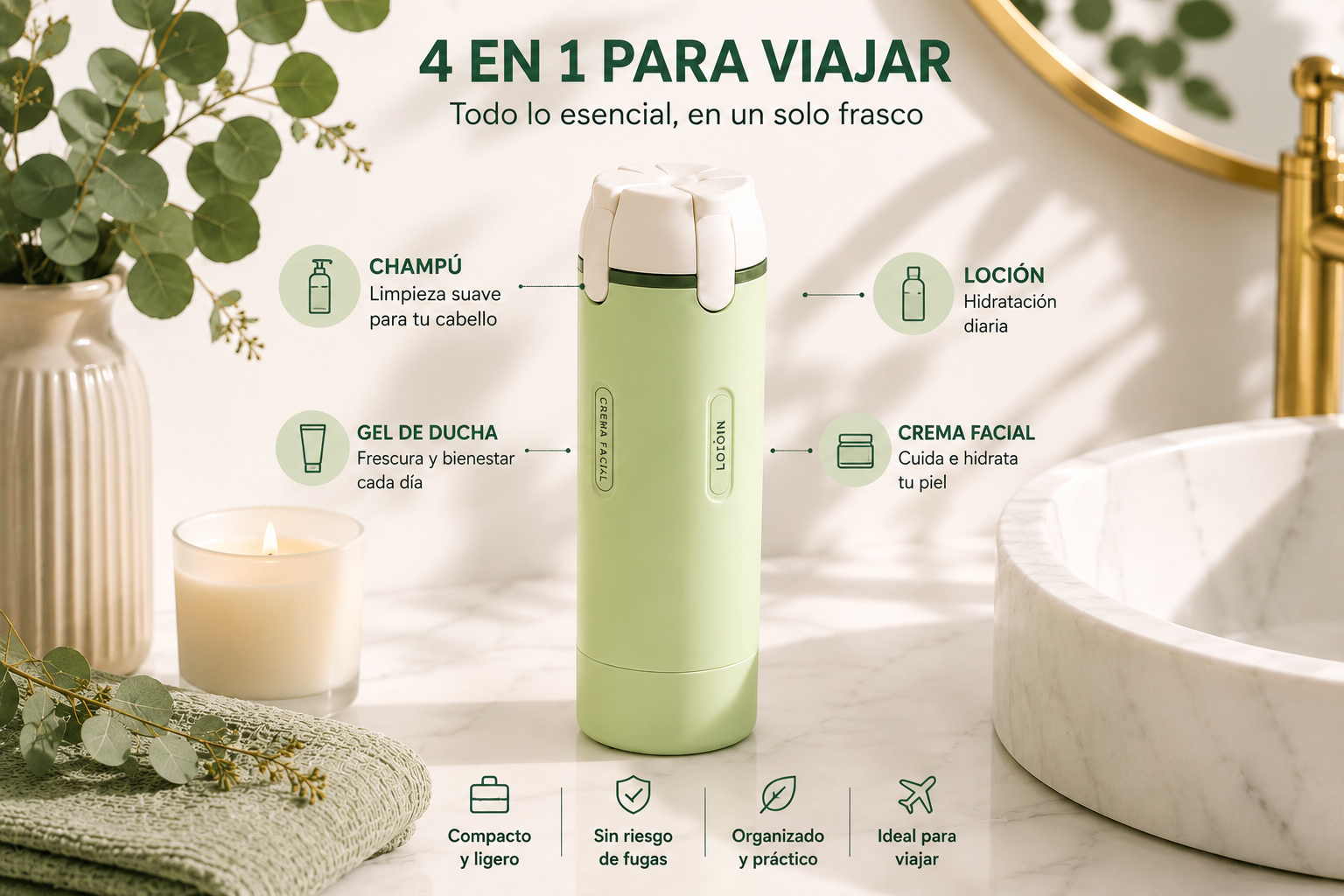 El kit de viaje: botellas 4 en 1 rellenables a prueba de fugas